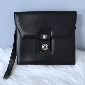 Gianni Versace vintage leather clutch silvertone hardware EUC